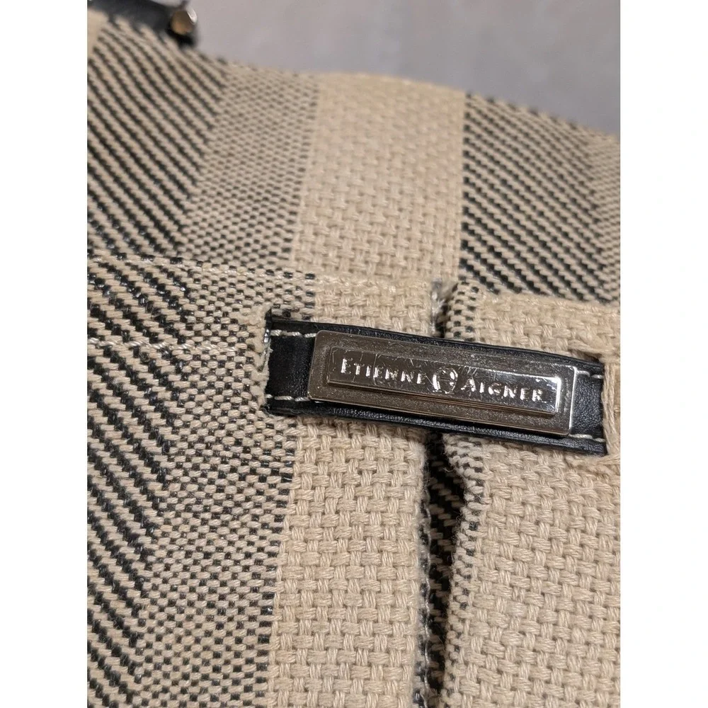 Etienne Aigner Linen Blend Shoulder Tote Bag Black Beige Leather Accents Women's
